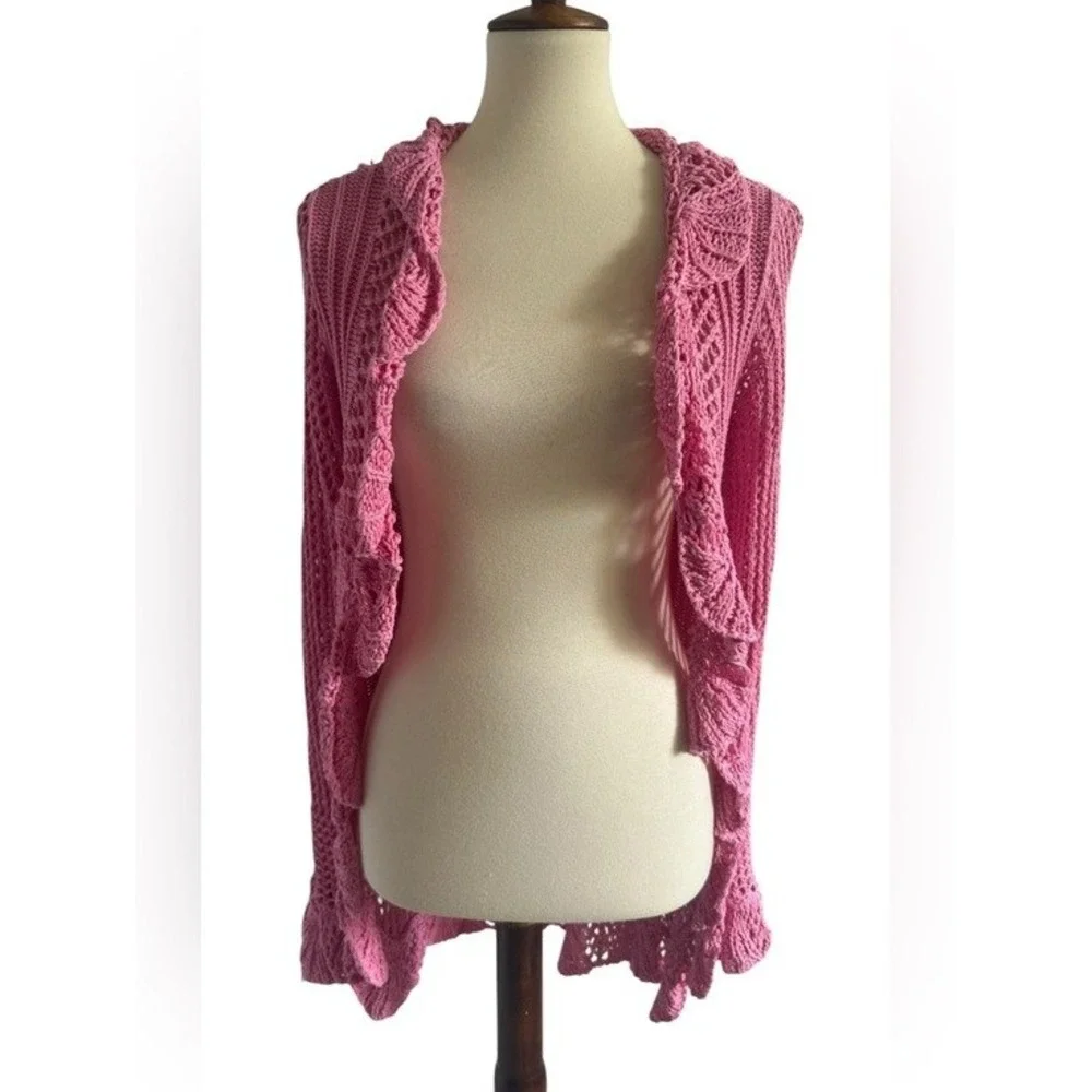 No Boundaries Pink Crochet Ruffle Open Front Cardigan Sweater Boho Y2K Size M